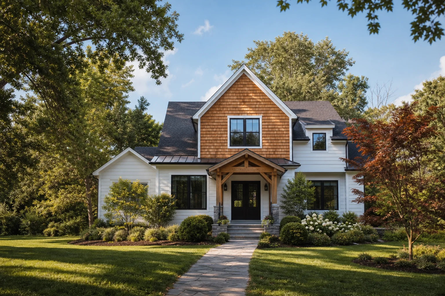 A well-kept home surrounded by mature trees